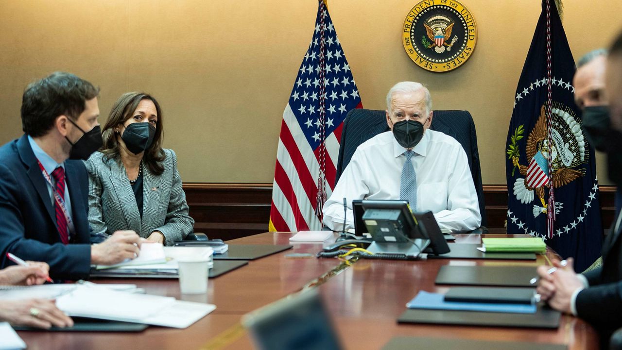President Joe Biden, Vice President Kamala Harris and members of the president’s national security team observe the counterterrorism operation in Syria from the White House Situation Room. (White House photo)